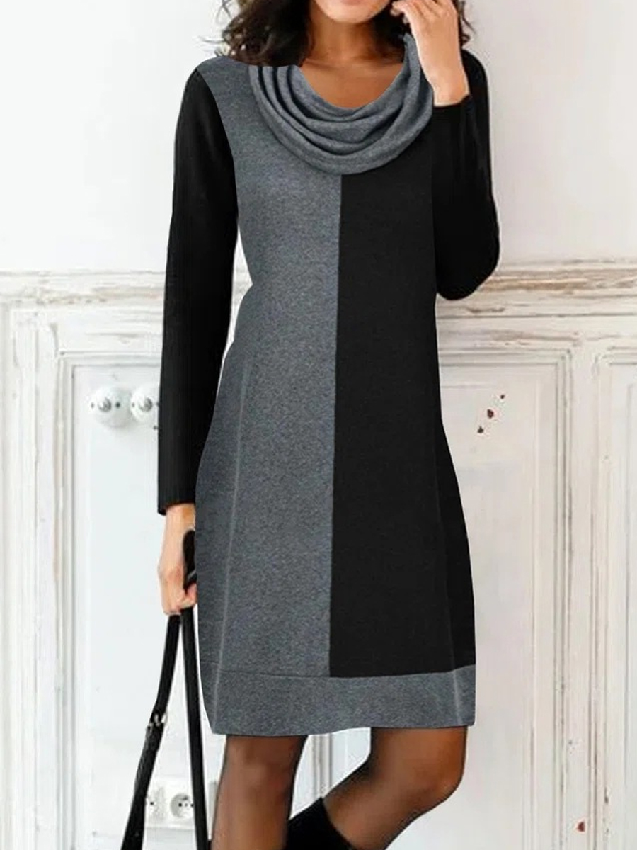 Casual Color Matching Swing Collar Chic Long Sleeve Short Dress