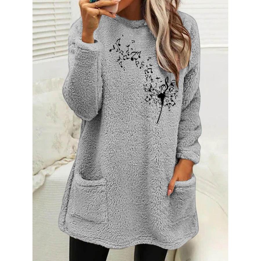 

Round Neck Casual Loose Dandelion Print Sherpa Wool Sweatshirt