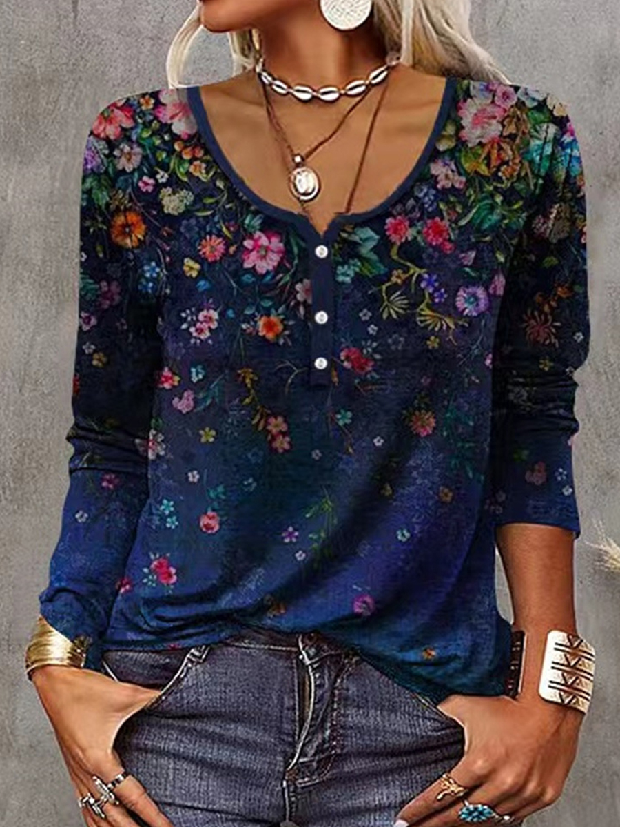 Casual Floral Print Round Neck Chic Long Sleeve T-shirt