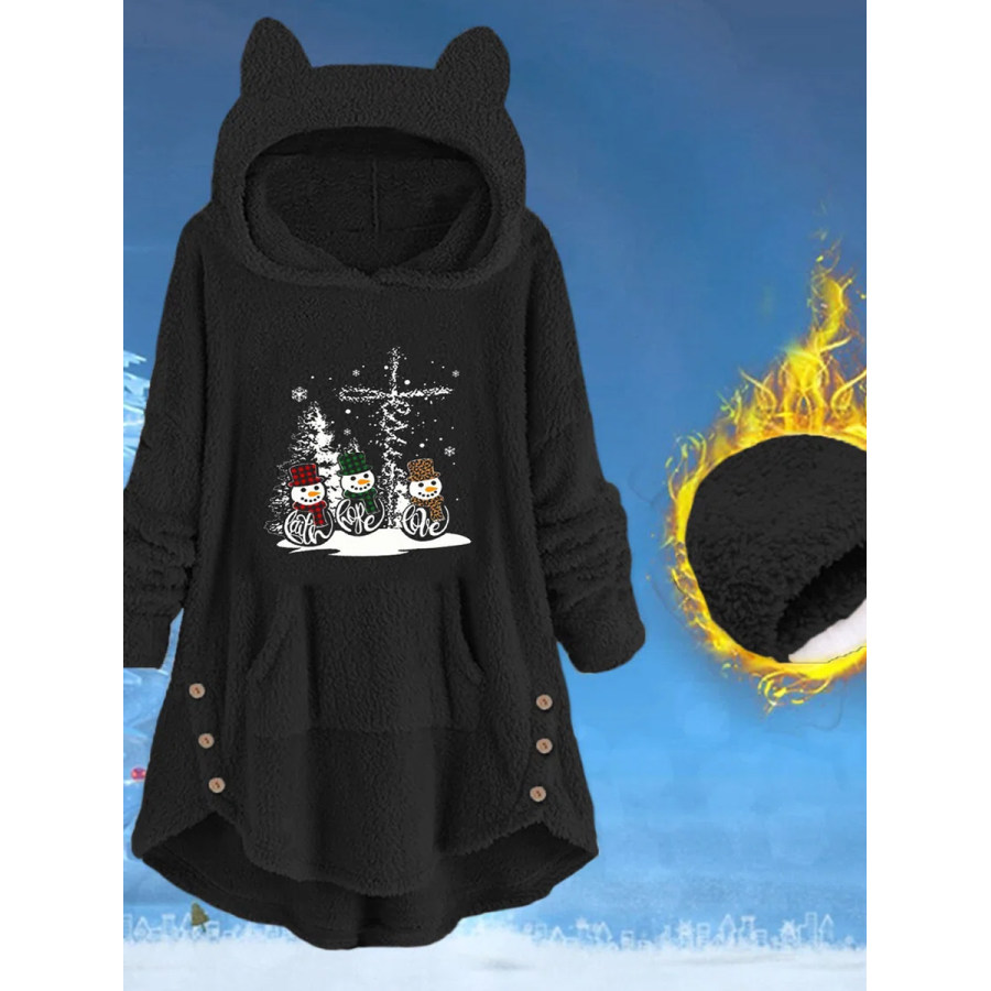 

Casual Christmas Snowman Print Plush Hooded Long Sleeve Coat