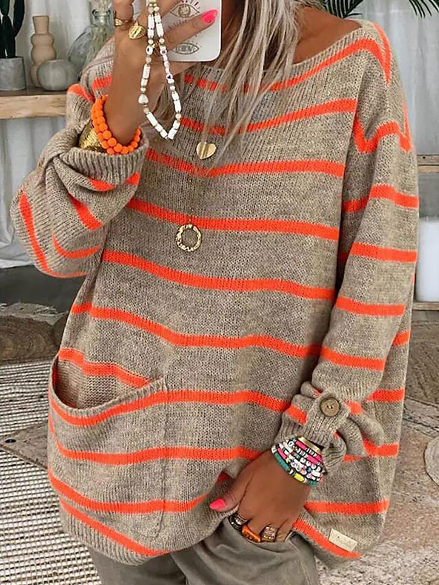 Round Neck Casual Loose Chic Striped Pullover Sweater