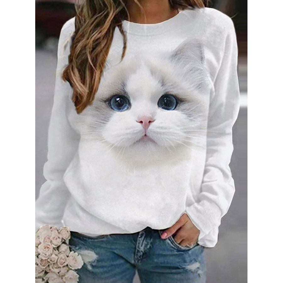 

Round Neck Casual Loose Cat Print Sweatshirt