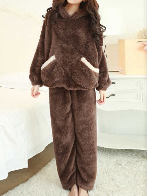 Casual Solid Color Plush Chic Hooded Home Set