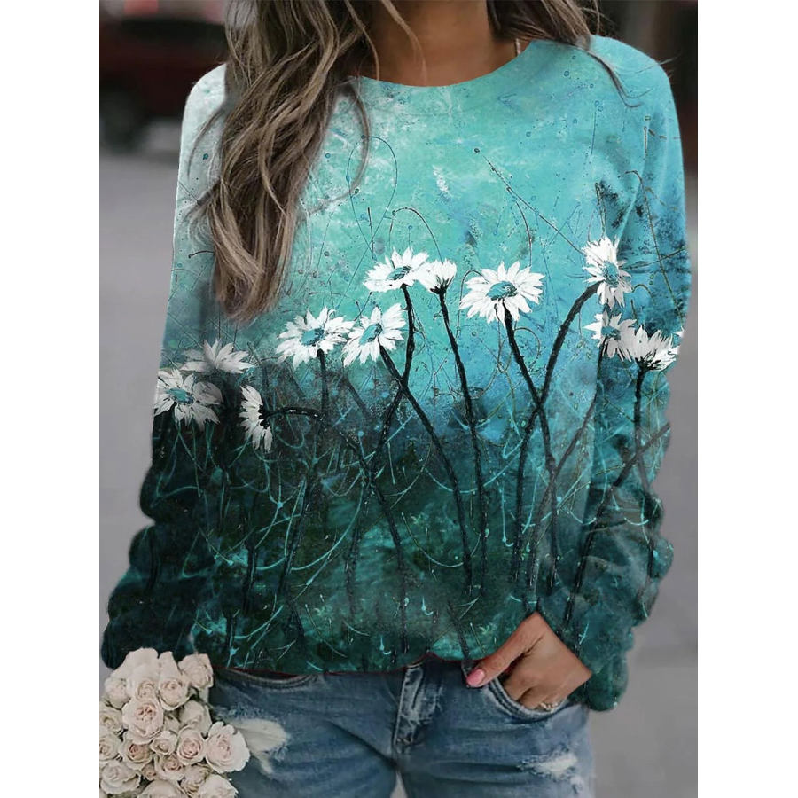 

Round Neck Casual Loose Floral Print Sweatshirt