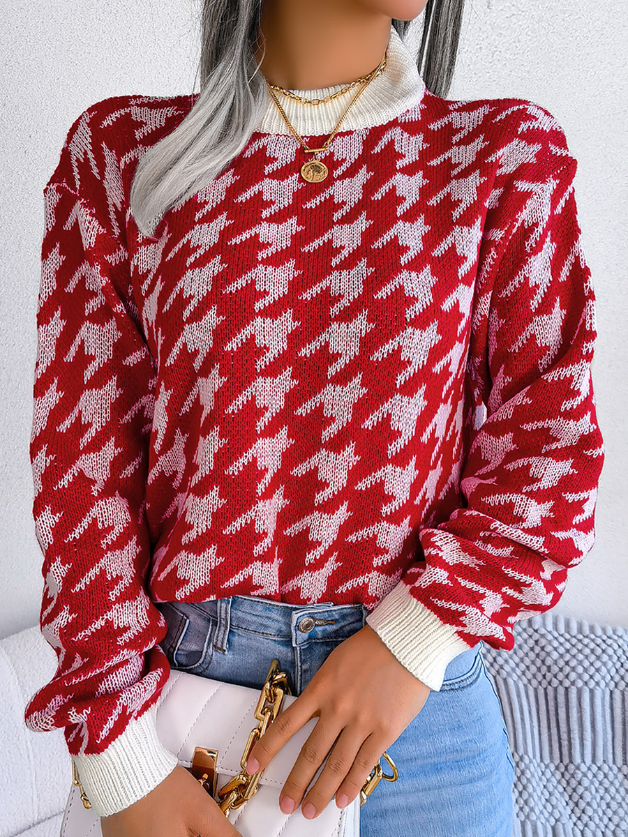 Round Neck Loose Casual Houndstooth Sweater Pullover