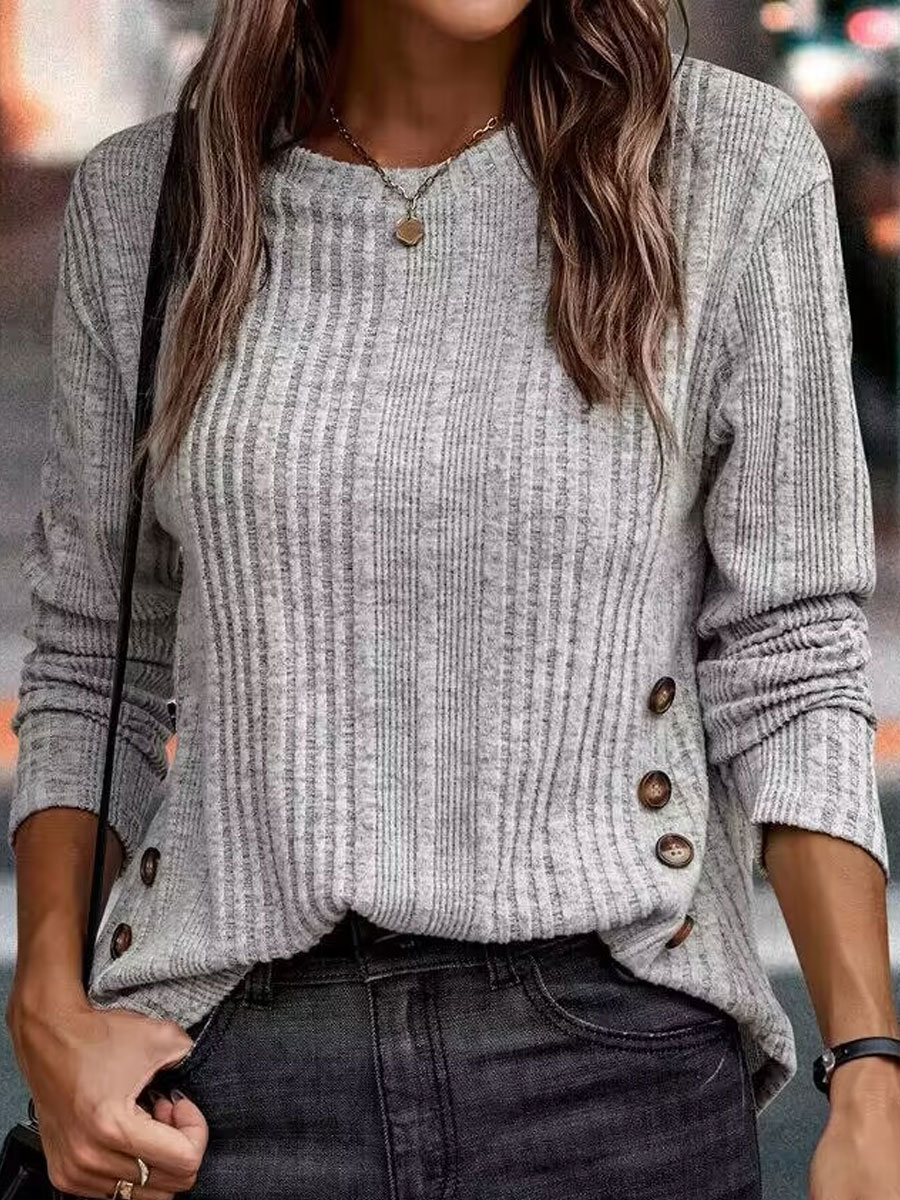 Round Neck Casual Loose Chic Solid Color Long Sleeve T-shirt