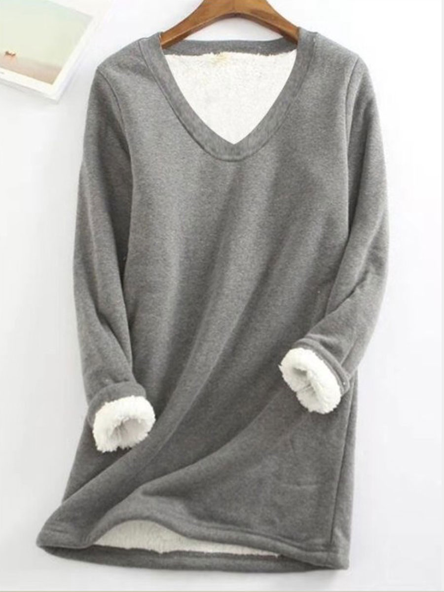 V-neck Casual Loose Plus Chic Fleece Warm Long-sleeved T-shirt