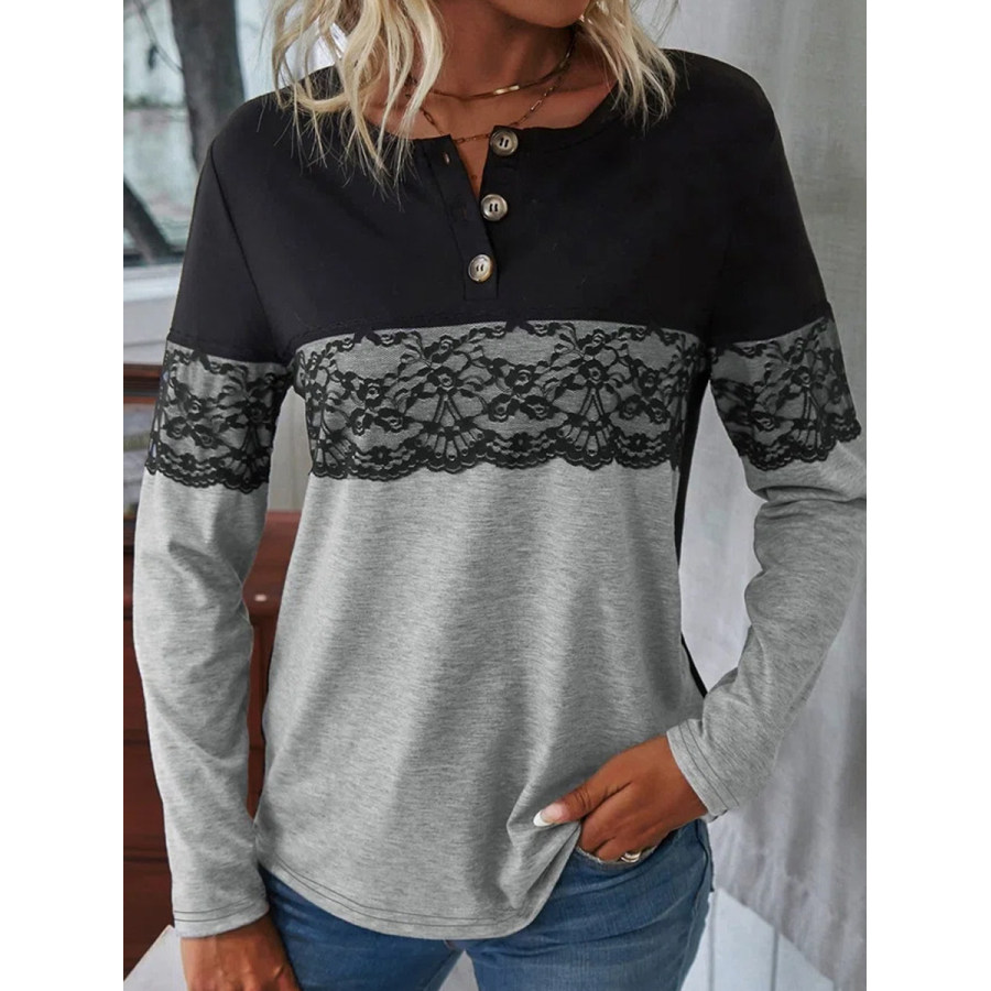 

Casual Solid Color Lace Stitching Round Neck Long-sleeved T-shirt