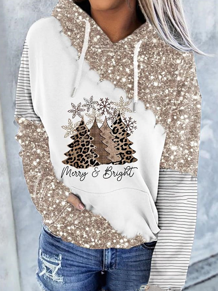 Casual Christmas Print Stitching Chic Hooded Long-sleeved Sweatshirt