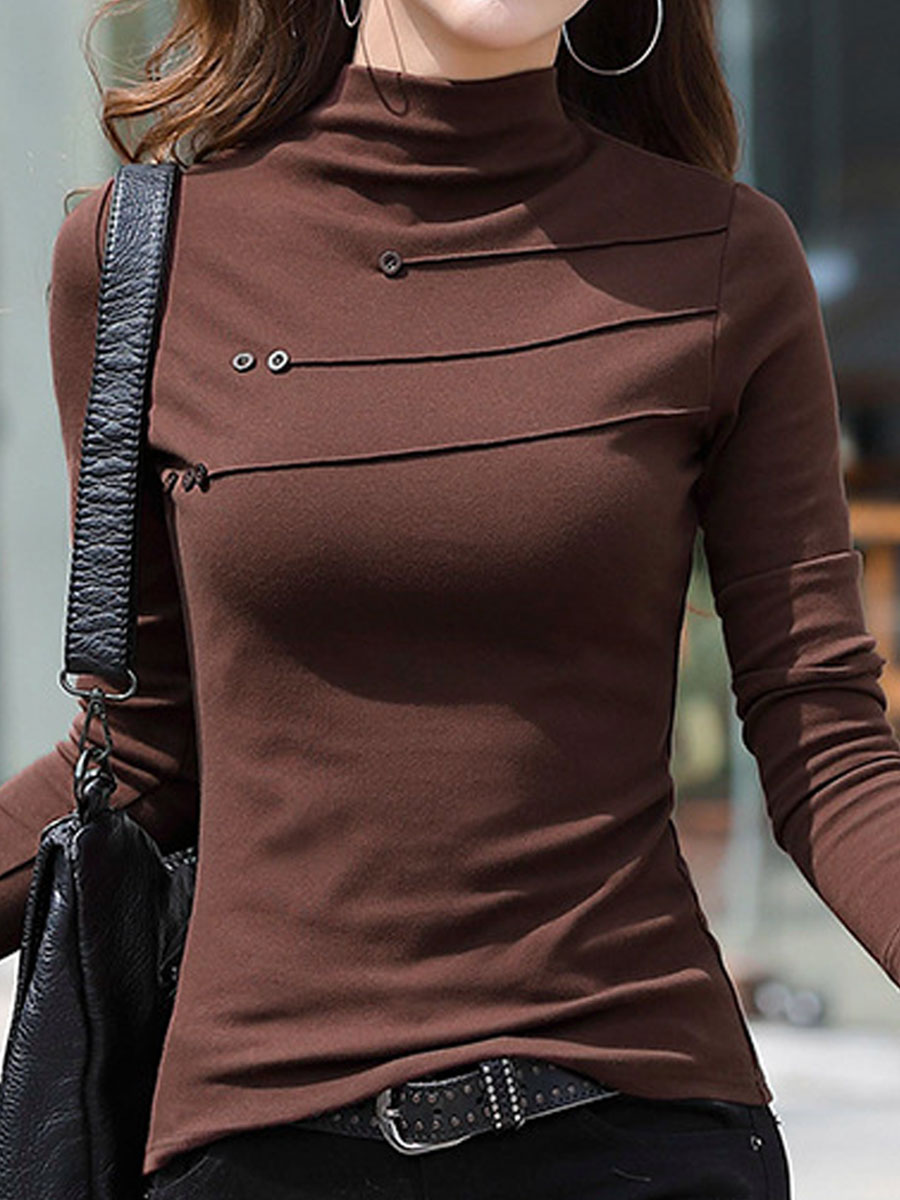 High Neck Casual Slim Chic Solid Color Long Sleeve T-shirt