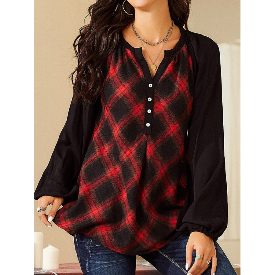 

Casual Vintage Plaid V Neck Long Sleeve Blouse