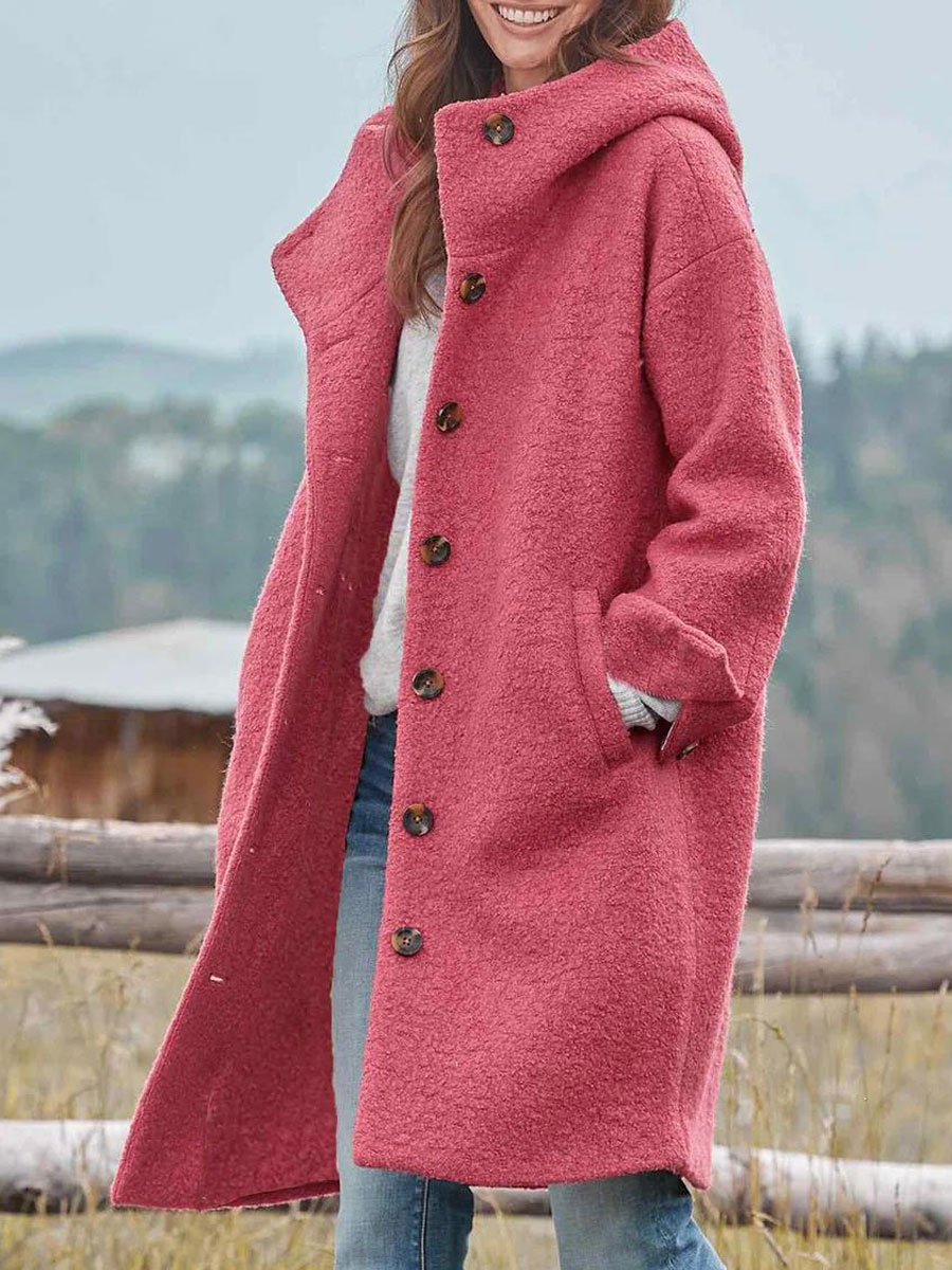 Casual Loose Solid Color Hooded Single breasted Woolen Coat