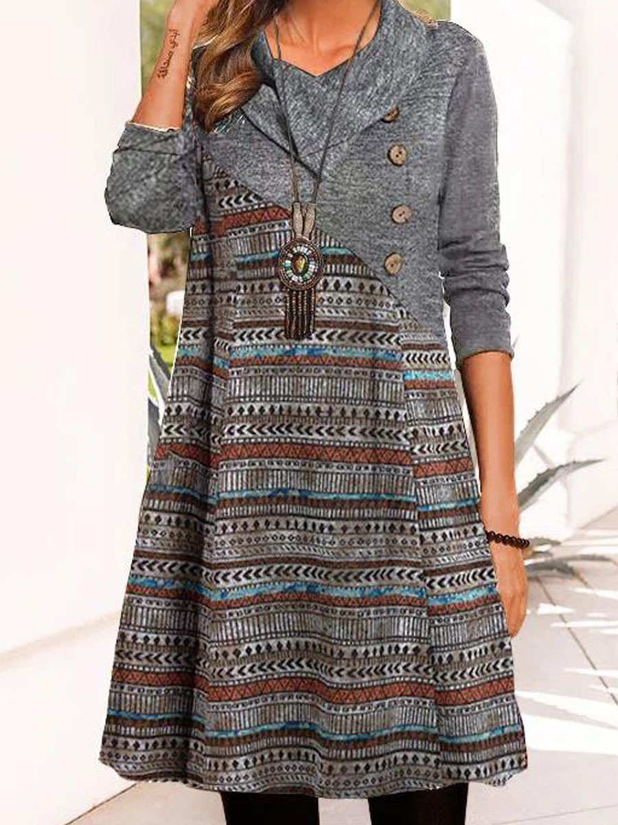 Round Neck Casual Vintage Print Chic Long Sleeve Short Dress