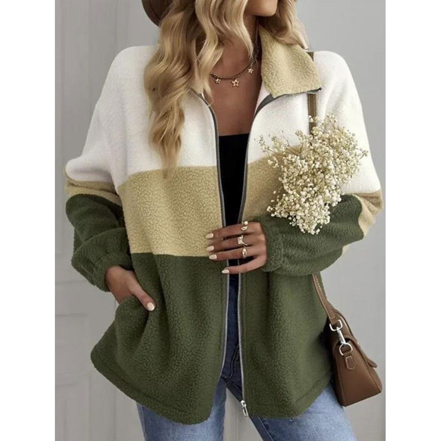 

Casual Loose Striped Zipper Sherpa Coat
