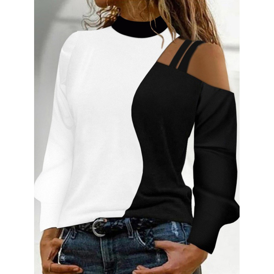 

Casual Color-Block Off-The-Shoulder Long-Sleeved T-Shirt