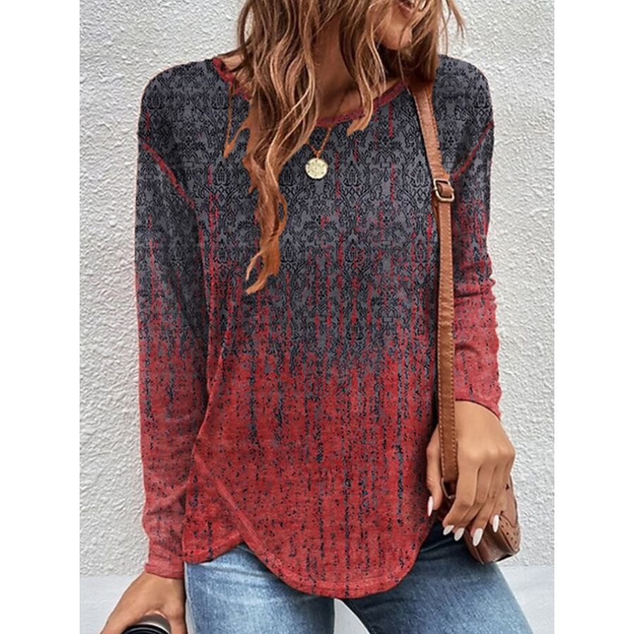 

Round Neck Casual Loose Retro Print Long Sleeve T-shirt
