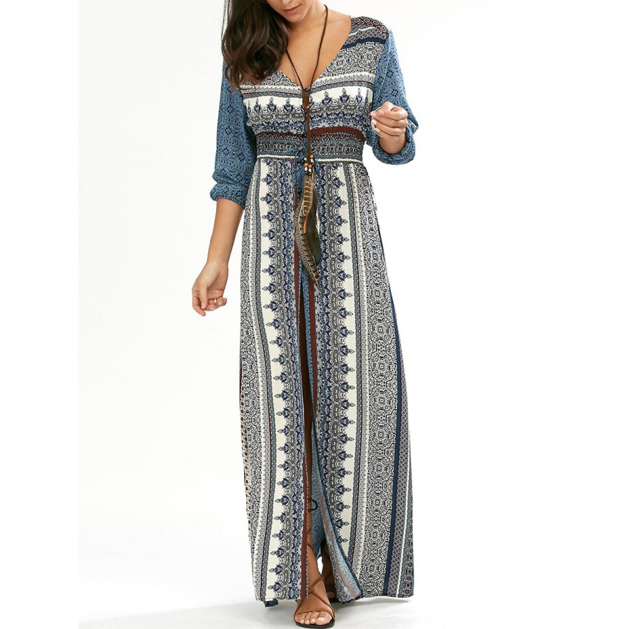 

Casual Bohemian Print Paneled V-Neck Long-Sleeved Maxi Dress