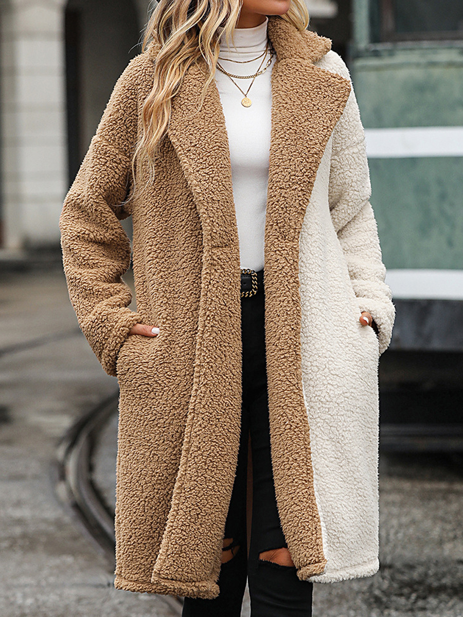 Casual Color-block Plush Warm Chic Long-sleeved Coat