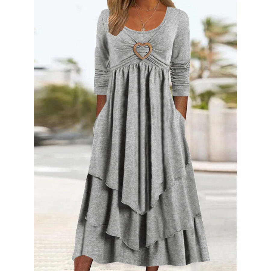 

Casual Solid Color Heart Decorated Layered Long Sleeve Midi Dress