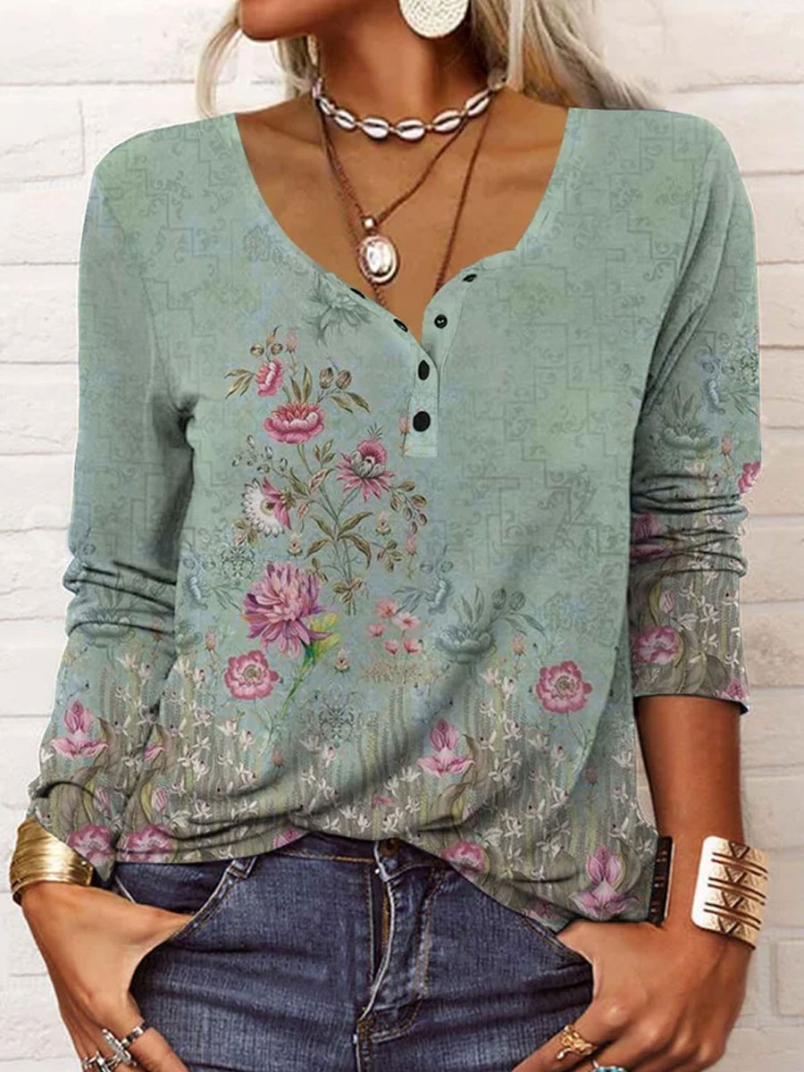 Round Neck Casual Loose Floral Print Long Sleeve T shirt