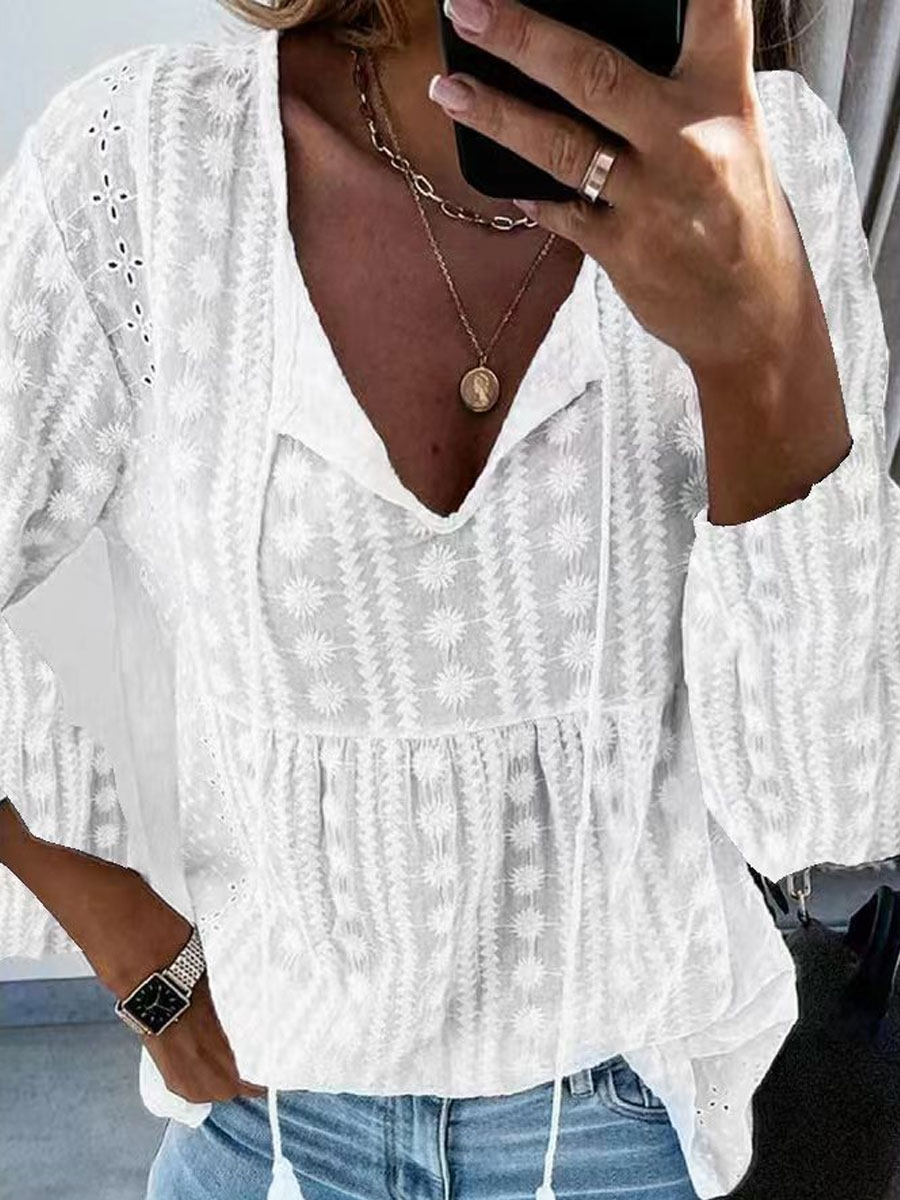 V neck Casual Loose Embroidered Long sleeved Blouse