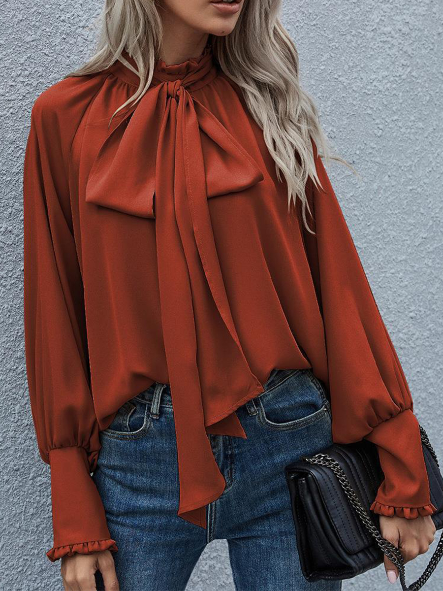 Bow Tie Long Sleeve Solid Blouse
