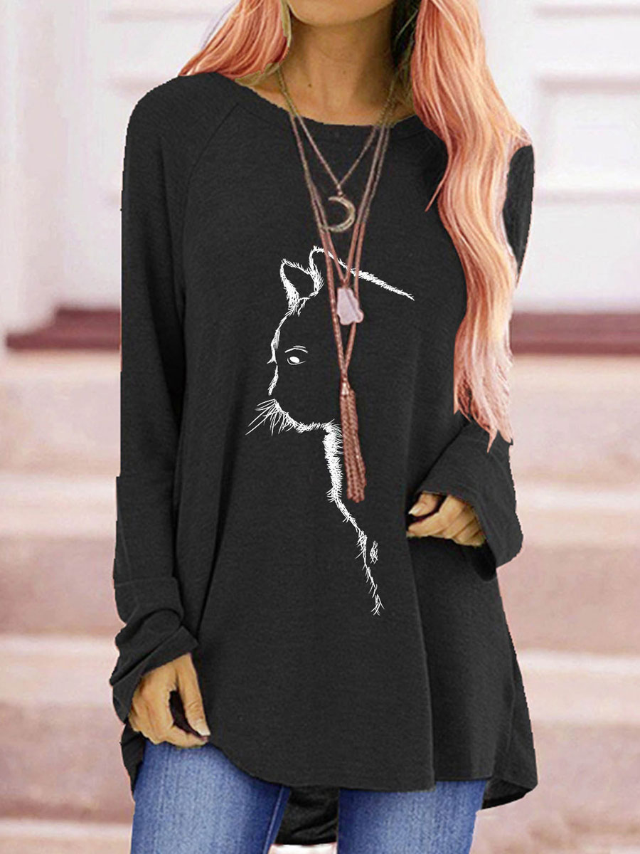 Round Neck Casual Loose Chic Cat Print Long Sleeve T-shirt
