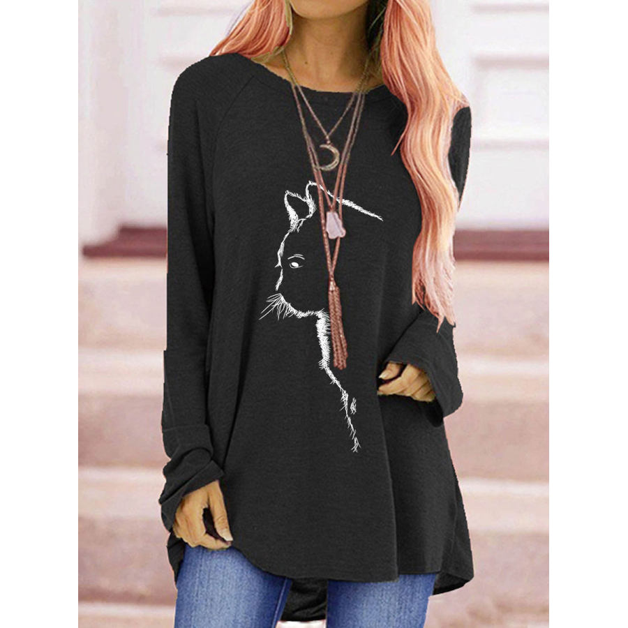 

Round Neck Casual Loose Cat Print Long Sleeve T-shirt