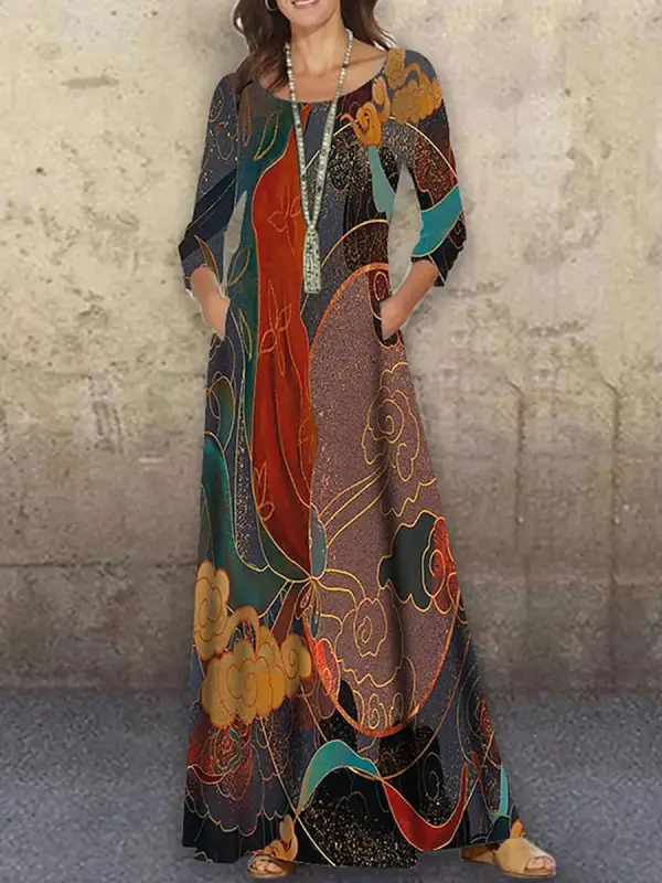 Round Neck Casual Loose Printed Long Sleeve Maxi Dress - Realyiyi.com 