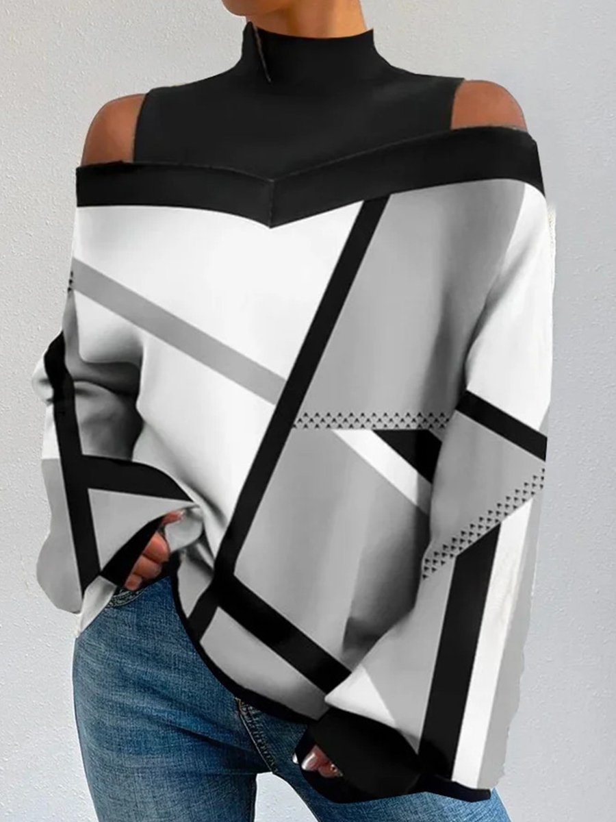 Women Cold Shoulder Printed Loose Sweatershirt