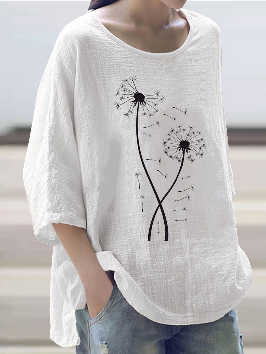 Round Neck Casual Loose Chic Dandelion Print Long Sleeve Blouse