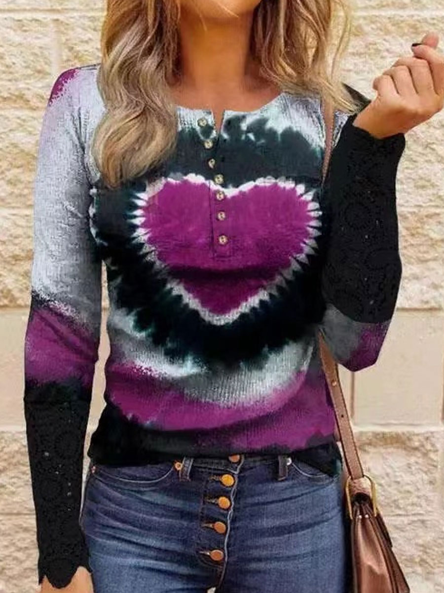 Round Neck Casual Heart Chic Gradient Print Long Sleeve T-shirt