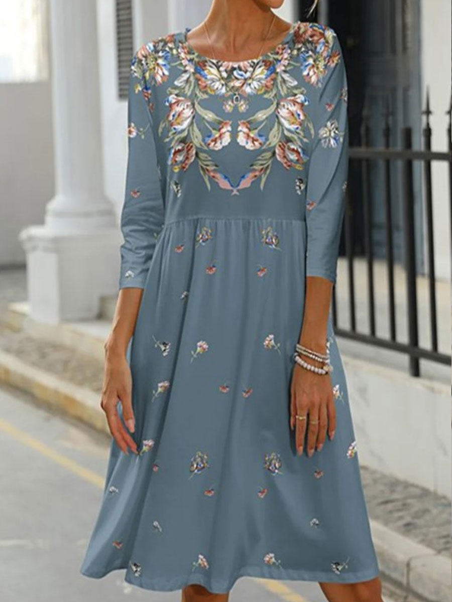 Round Neck Casual Floral Print Chic Long Sleeve Short Dress
