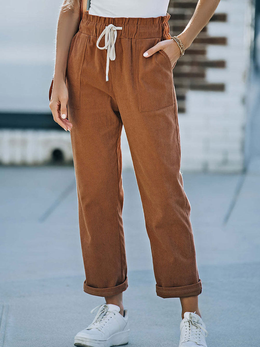 Casual Loose Solid Color Corduroy Elastic Waist Pants
