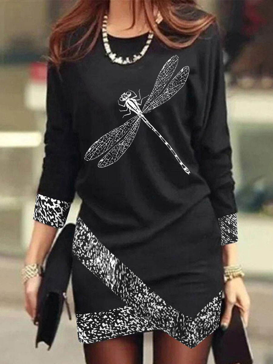 Round Neck Casual Loose Chic Dragonfly Print Long Sleeve Short Dress
