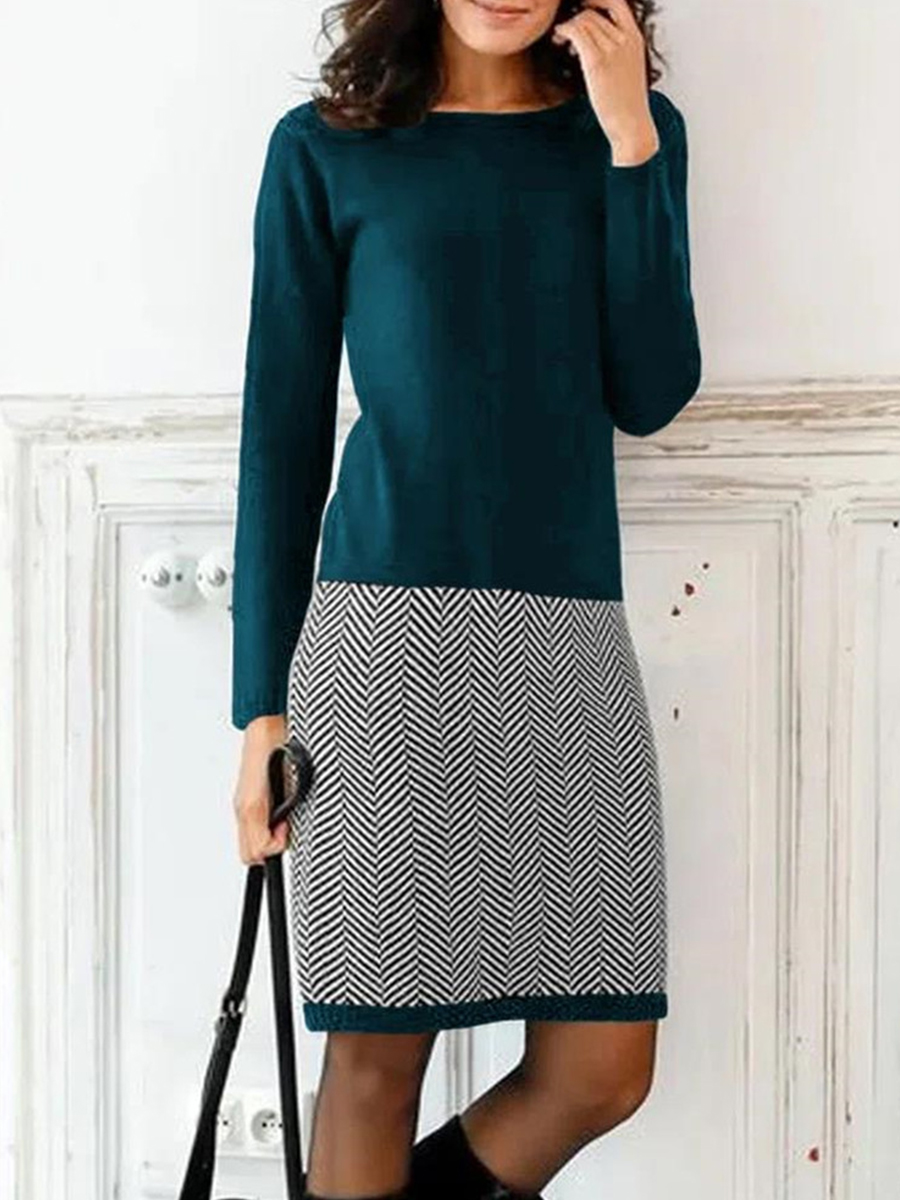 Fashion Long Sleeves Round Neck Paneled Short Dress