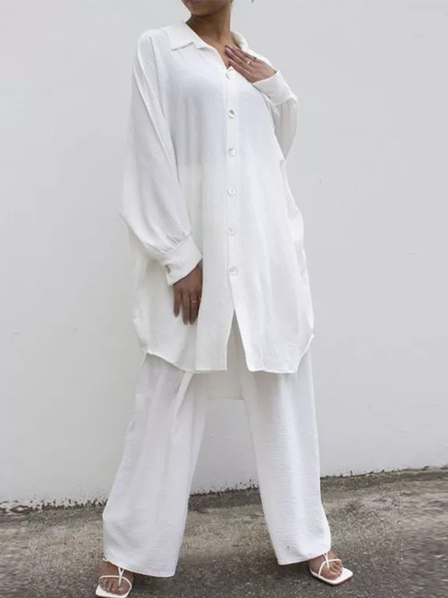 Loose Irregular Hem Lapel Shirt Solid Straight Pants Two Pieces Women Sets
