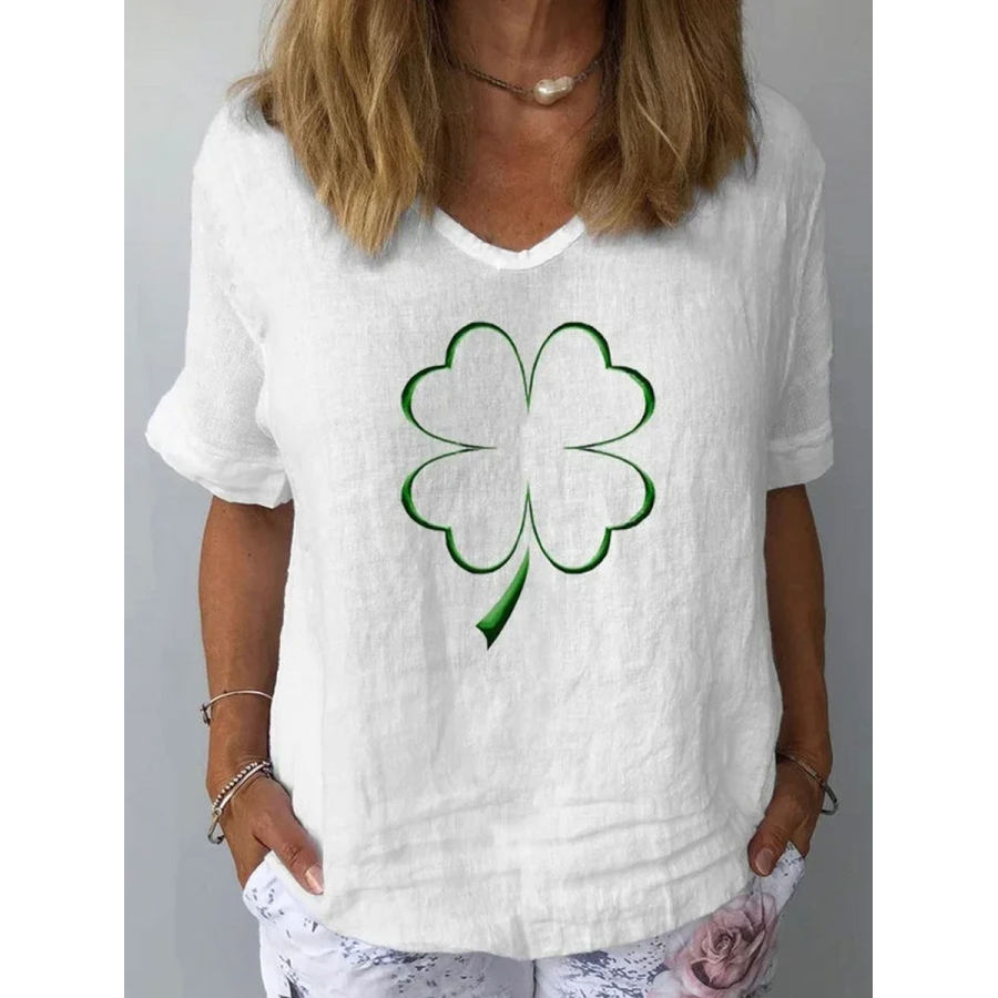 

V-neck Casual Loose Clover Print Short-sleeved Blouse