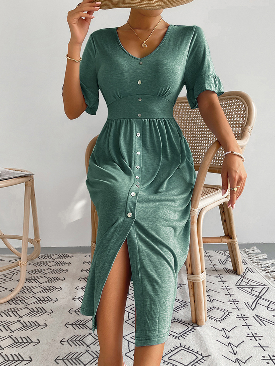 Women Solid V Neck Short Sleeves Midi Dress