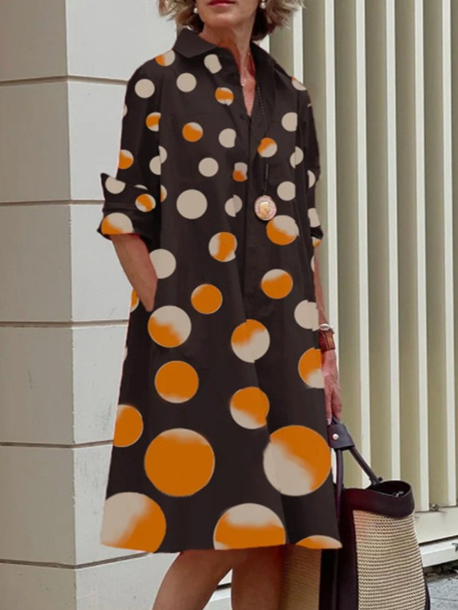 Women Fashion Loose Prited Shirt Collar Long Sleeves Short Dress