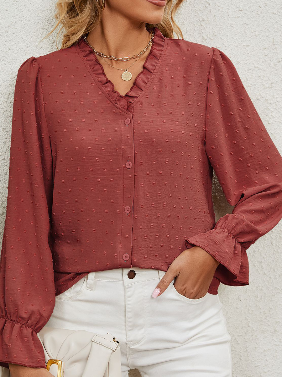 V Neck Chiffon Long Sleeves Buttoned Solid Blouse