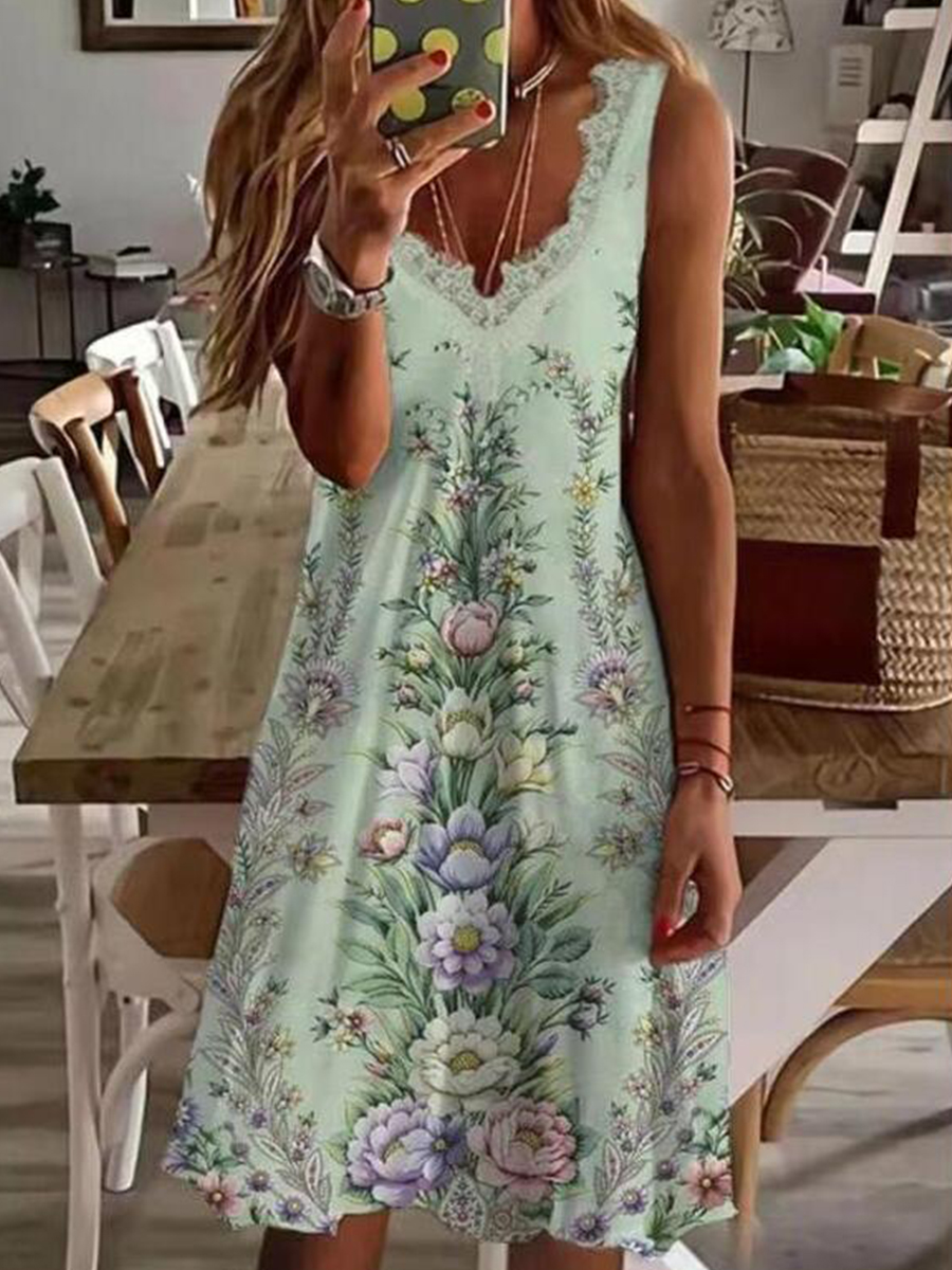 Light Green Women Casual Floral Printed V Neck Sleeveless Short Dress