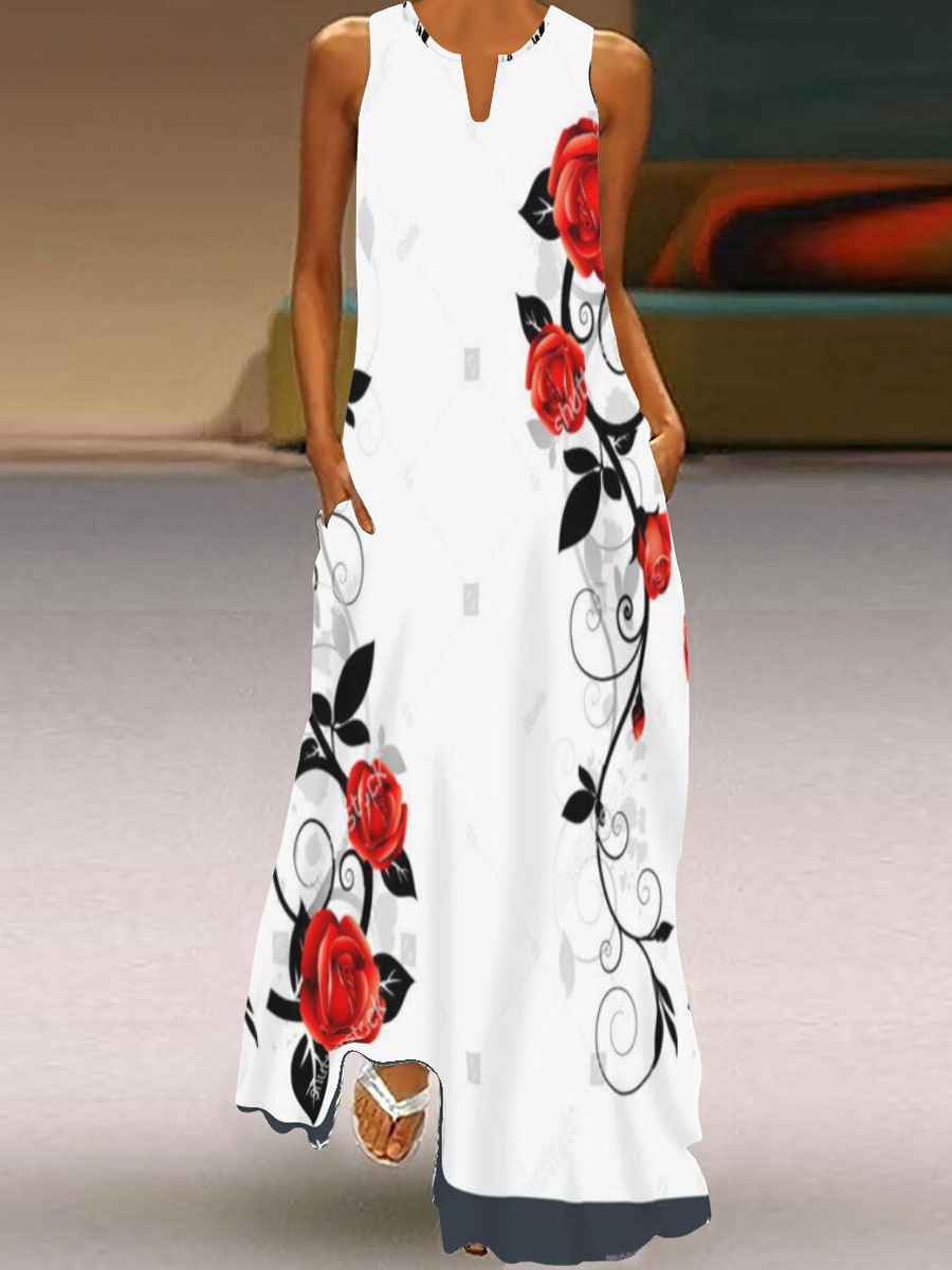 V neck Casual Loose Floral Print Sleeveless Maxi Dress