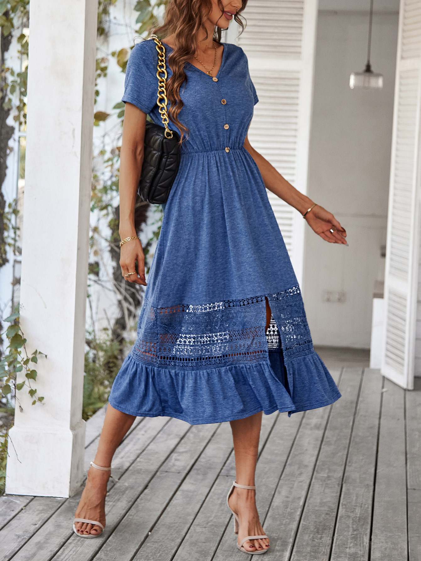 Lace Paneled Short Sleeves Buttoned V Neck Midi Dress