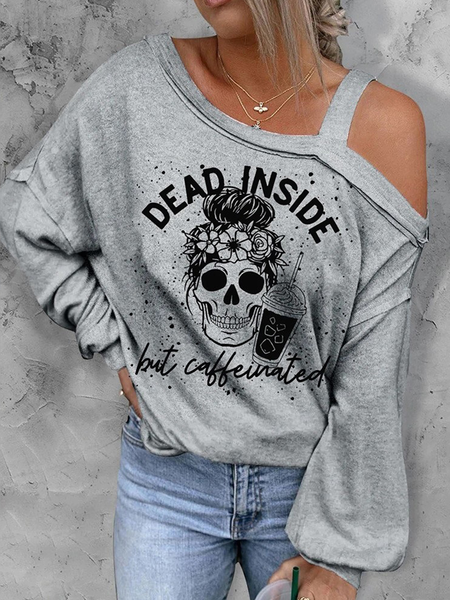 Gray Cold Shoulder Long Sleeves Casual Printed T shirt