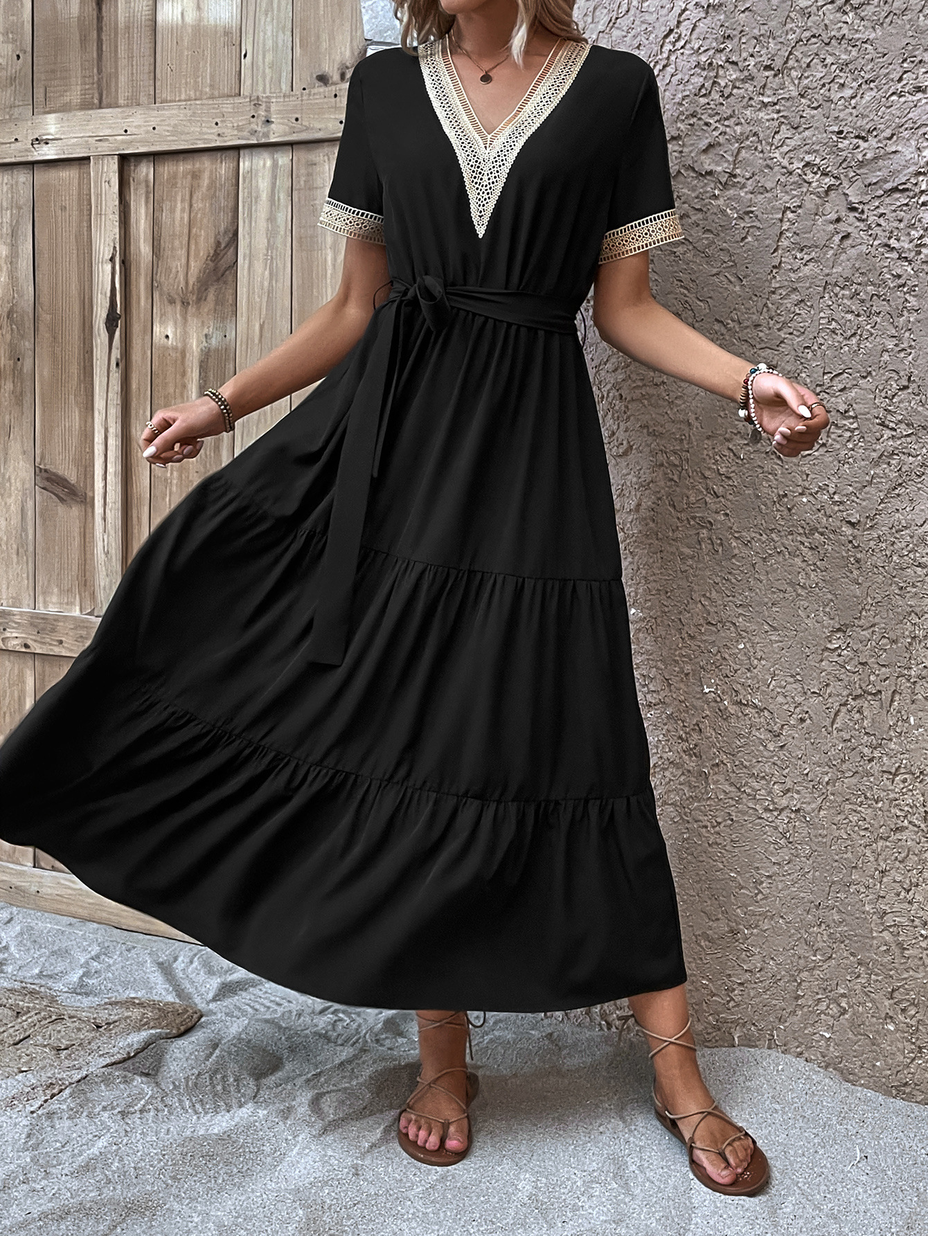 Black Short Sleeves V Neck Maxi Dress