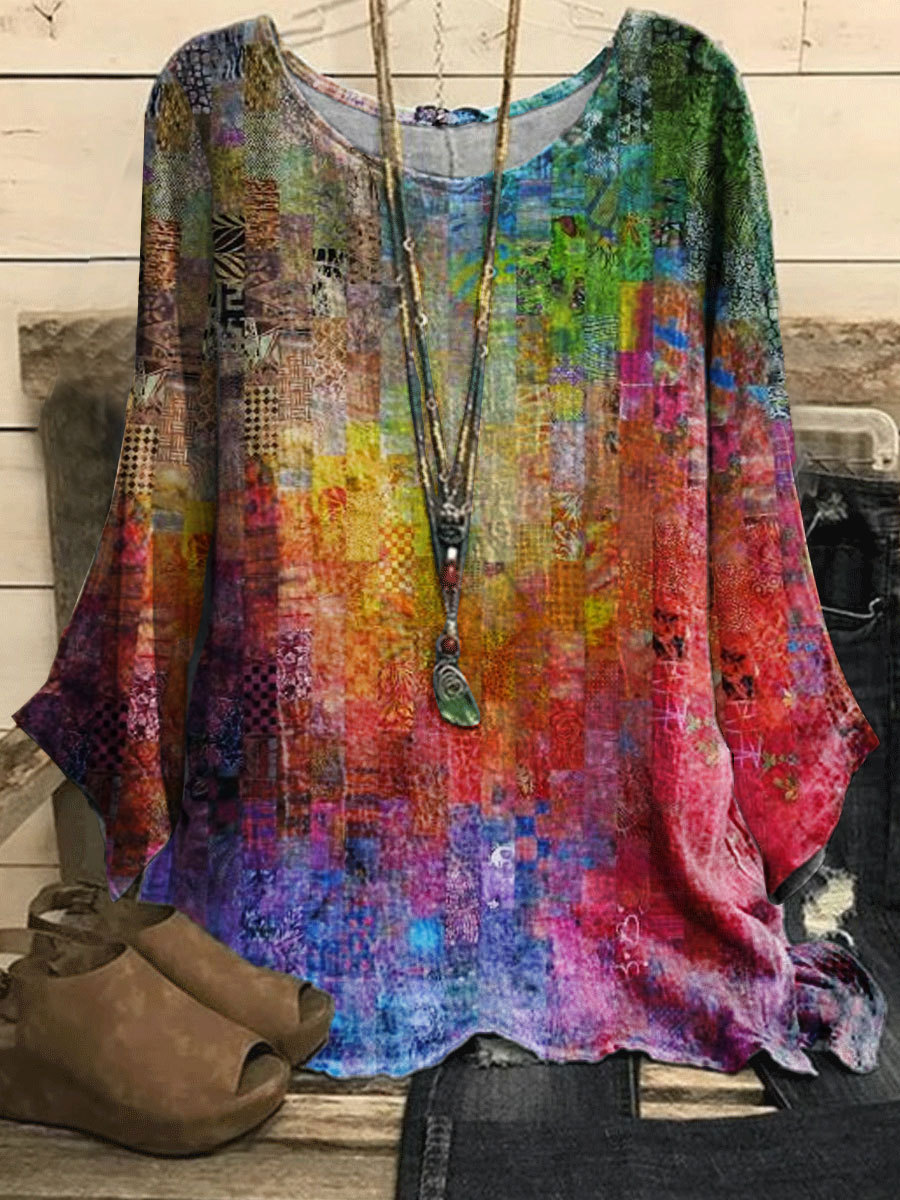Round Neck Casual Loose Retro Printed Long sleeved Blouse