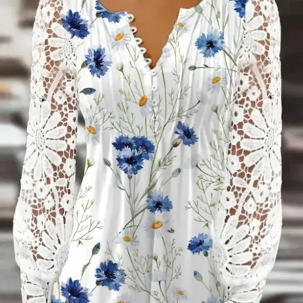 Round Neck Casual Loose Floral Print Lace Long Sleeve T-Shirt - Kalesafe.com 