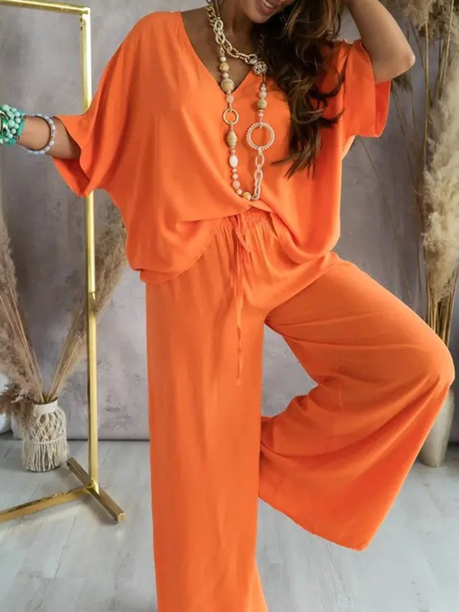 V Neck Solid Bat Sleeves Top And Casual Pants Women Sets