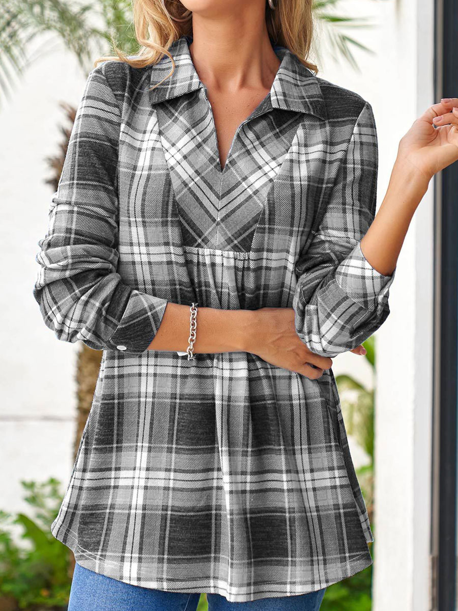 Casual Loose Plaid Print Long Sleeve Blouse